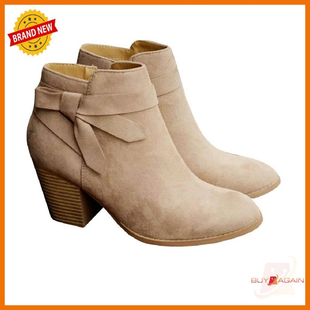 Women's Ankle Booties With Stacked Heel, Side Zipper, And Strappy Bow Tie